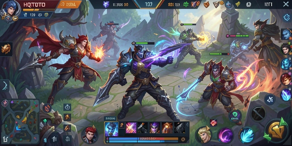 Screenshot gameplay HQTOTO yang menunjukkan aksi pertarungan MOBA.