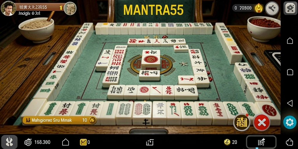 Screenshot utama MANTRA55 menunjukkan gameplay Mahjong yang menarik.