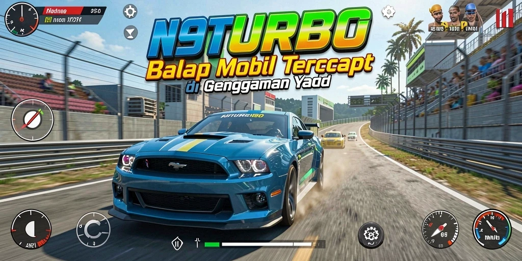 Tangkapan layar utama N9TURBO menampilkan balapan mobil yang penuh aksi.