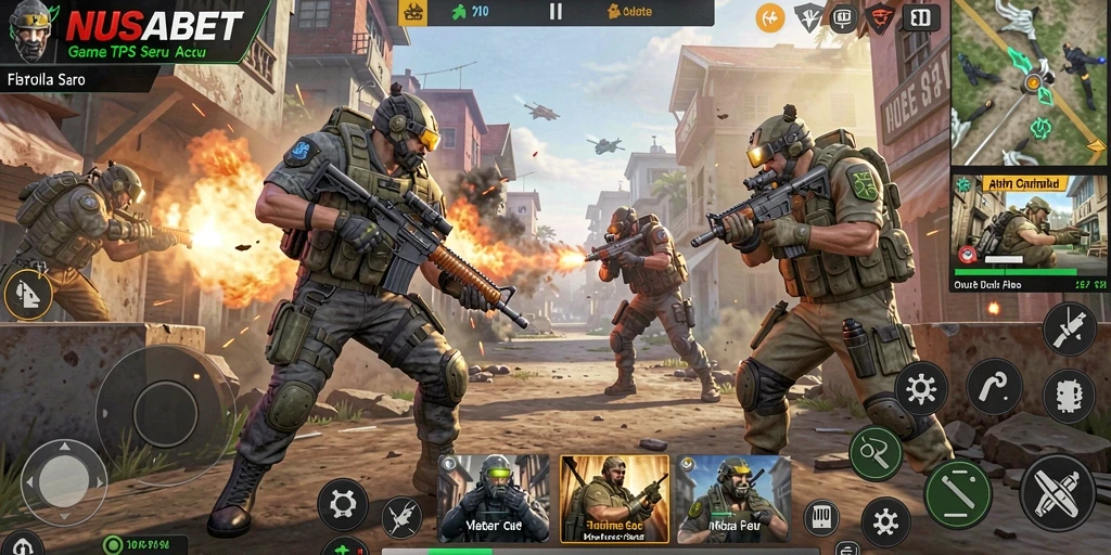 Gameplay NUSABET yang seru saat menembak musuh di peta yang dinamis.
