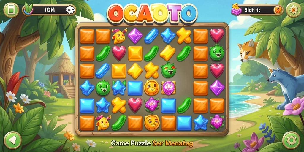 Screenshot utama OCATOTO menampilkan gameplay seru Match-3 yang penuh warna.