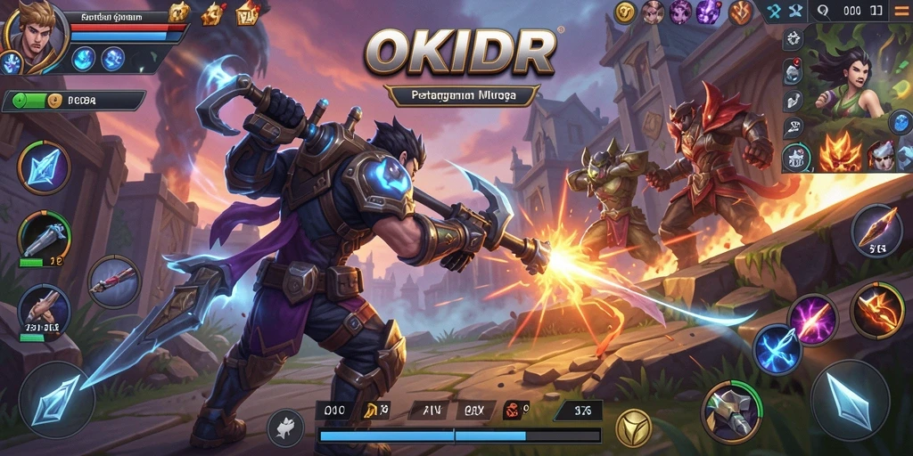Screenshot menampilkan karakter bertarung di arena MOBA yang dinamis.