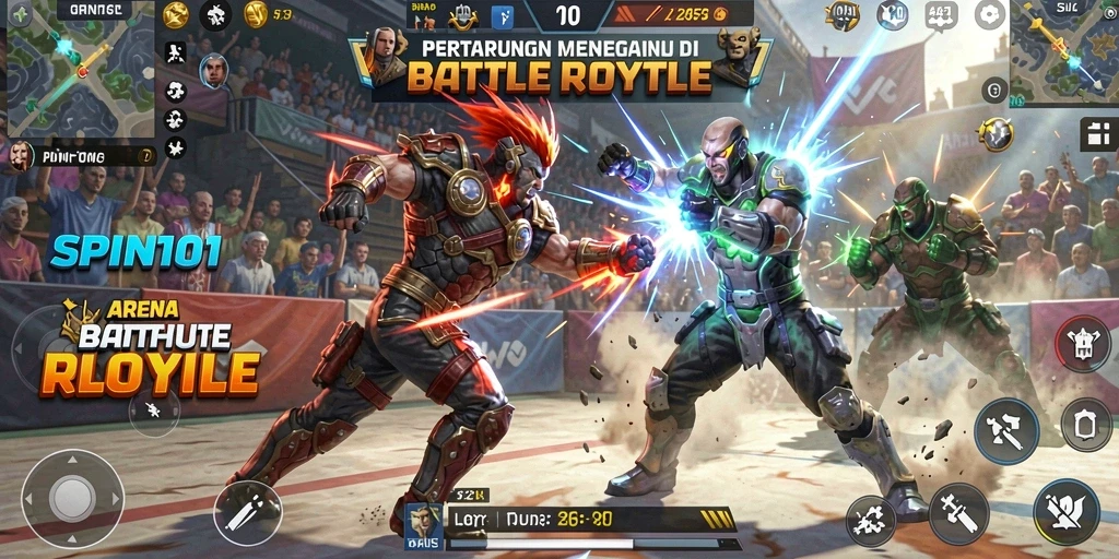 Gameplay SPIN101 menampilkan pertarungan seru di arena Battle Royale.